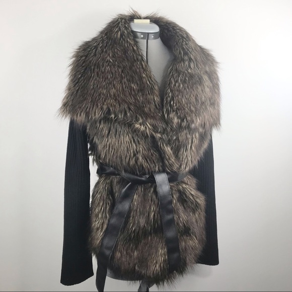 Boston Proper Sweaters - Boston Proper Brown Faux Fur Front Black Ribbed Cardigan With Belt